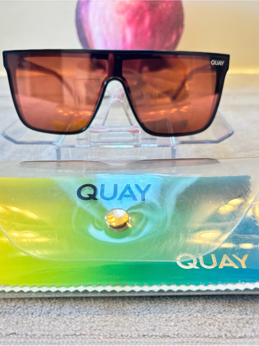 QUAY Nightfall Tinted Shield Sunglasses Black Plastic Frame Brown Lenses 145mm